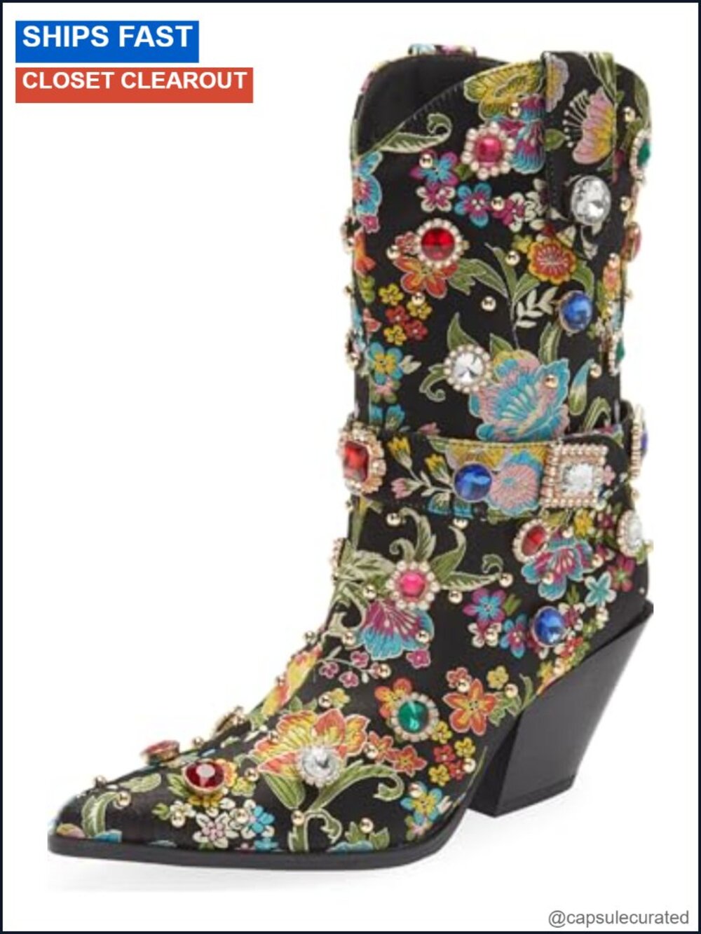Embroidered Rhinestone Cowgirl Boots Chunky Heel Mid Calf Pointed Toe